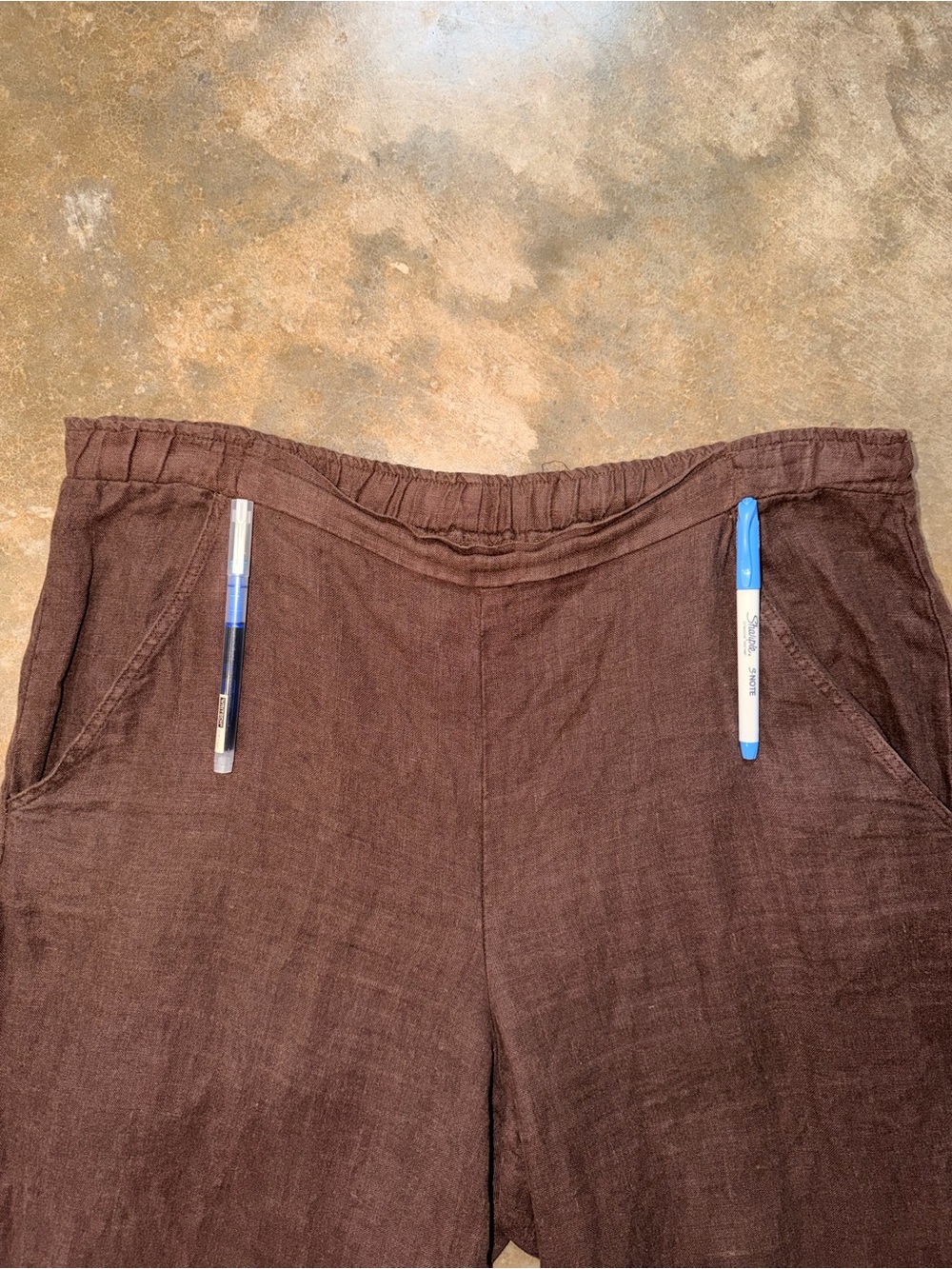 Linen Blend Wide Leg Pants Brown Elastic Waist Coastal Summer Relaxed Fit L - Picture 9 of 12